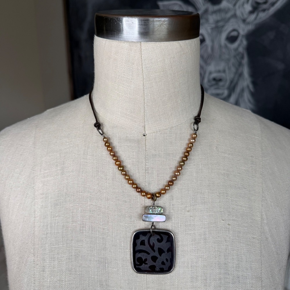 PEYOTE BIRD Silpada Free Spirit Necklace Bronze Pearl Abalone Leather Women's